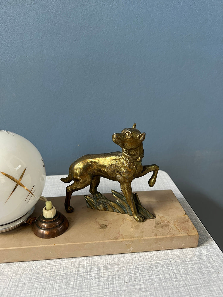 Art Deco Table Lamp with Opaline Glass Shade and Wolf Figure