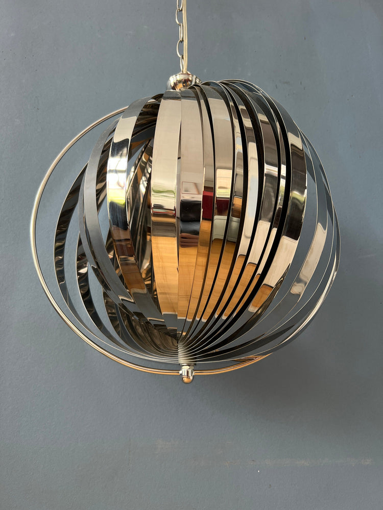 Chrome Moon Spiral Hanging Lamp in Style of Henri Mathieu and Verner Panton