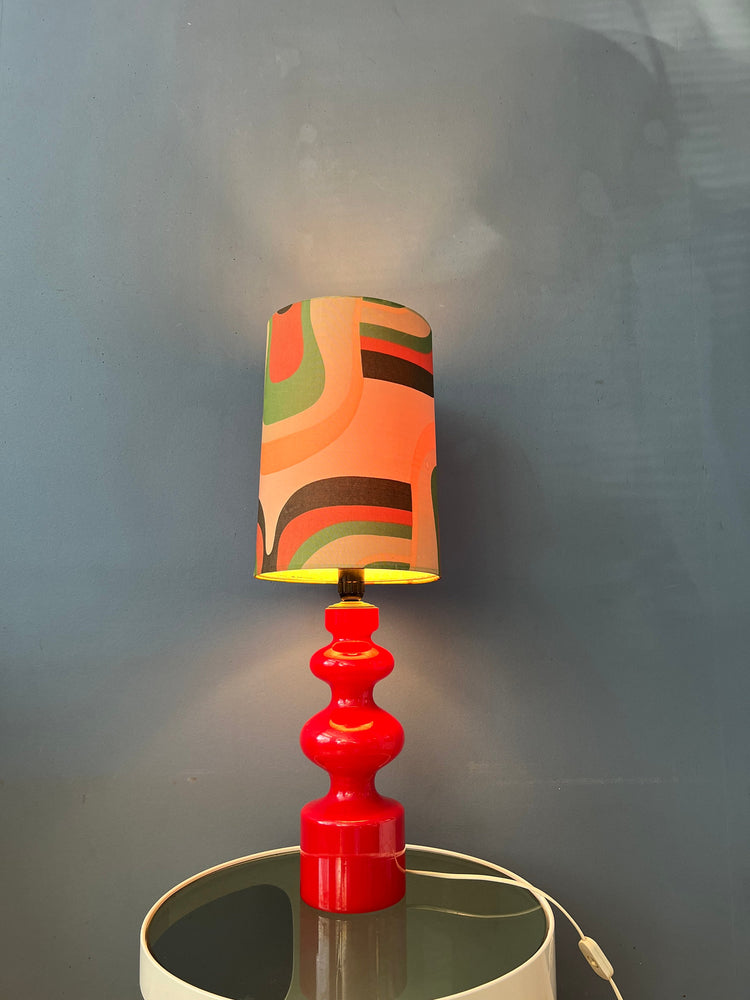 Red Mid Century Space Age West Germany Glass Table Lamp with Textile Shade