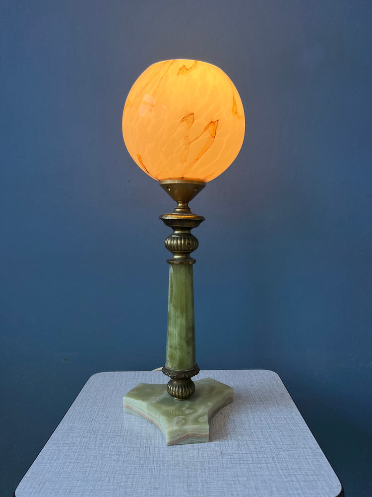 Art Deco Table Lamp - Pink Glass Desk Light - Green Marble Base - Decorative Gold