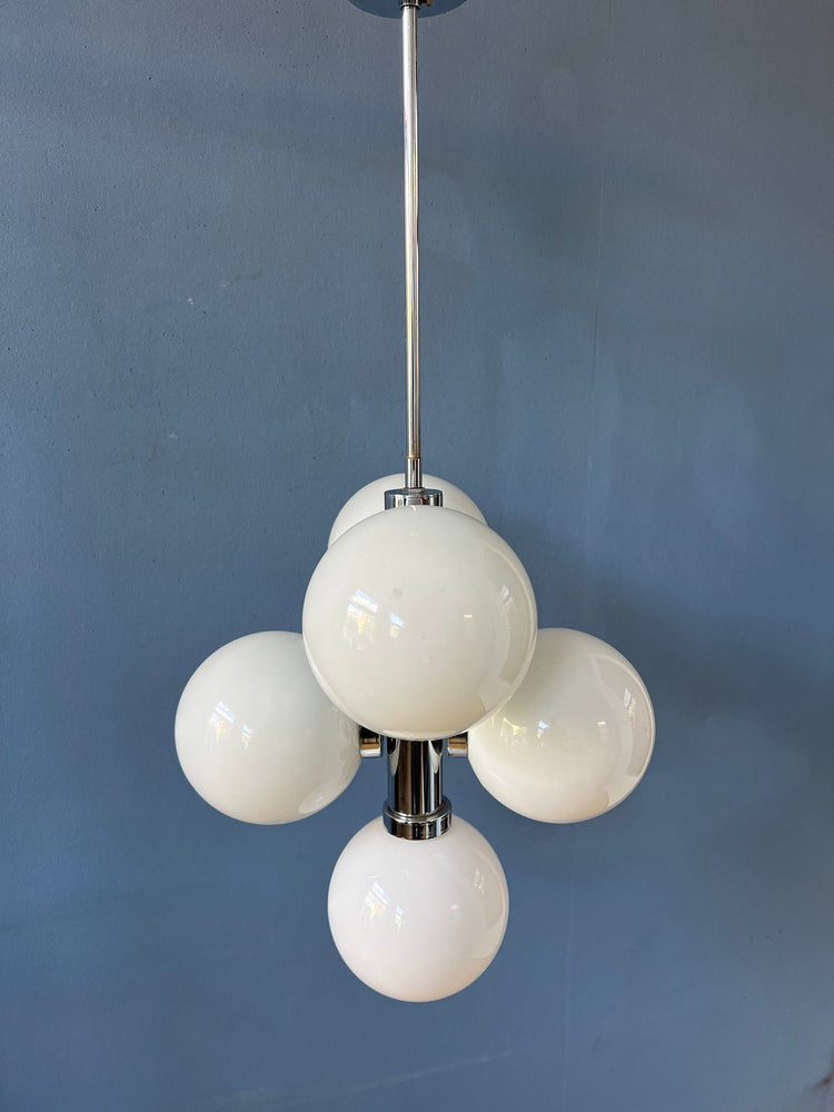 70s Sputnik Chandelier - Chrome Space Age Pendant Lamp - Opaline Glass Light Fixture