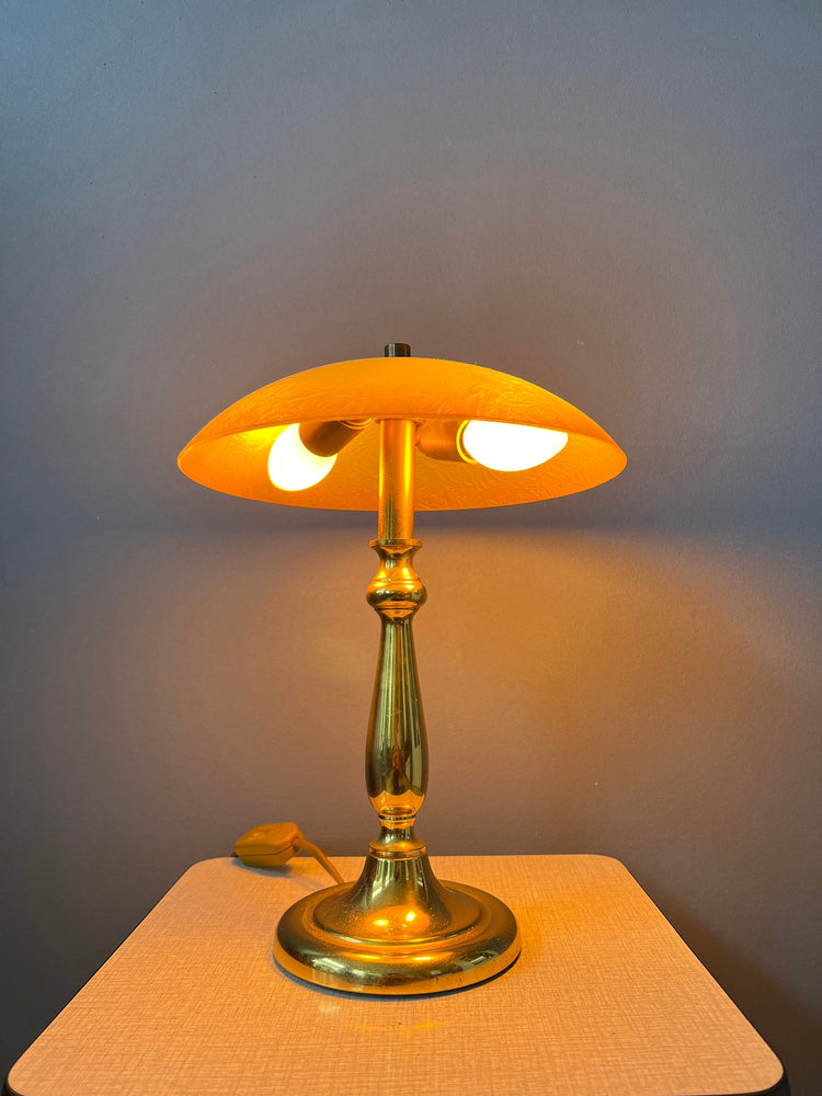 Art Deco Style Table Lamp with Glass Shade and Metal, Golden Base