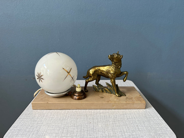 Art Deco Table Lamp with Opaline Glass Shade and Wolf Figure