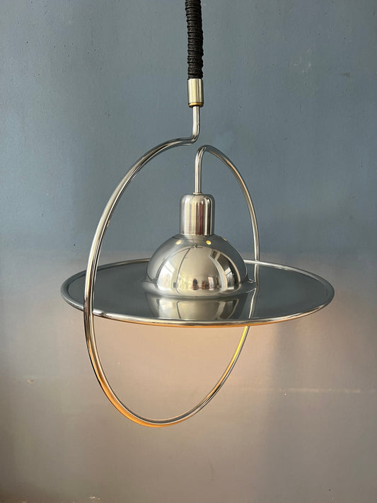 Mid Century UFO Pendant Lamp with Decorative Chrome Frame