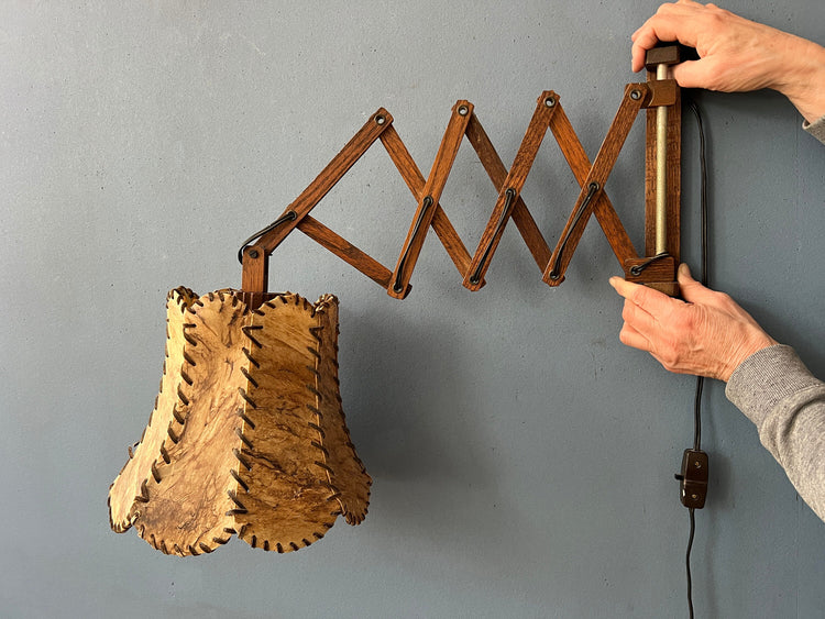 Teak Wood Scissor Wall Lamp with Warm-Toned Shade