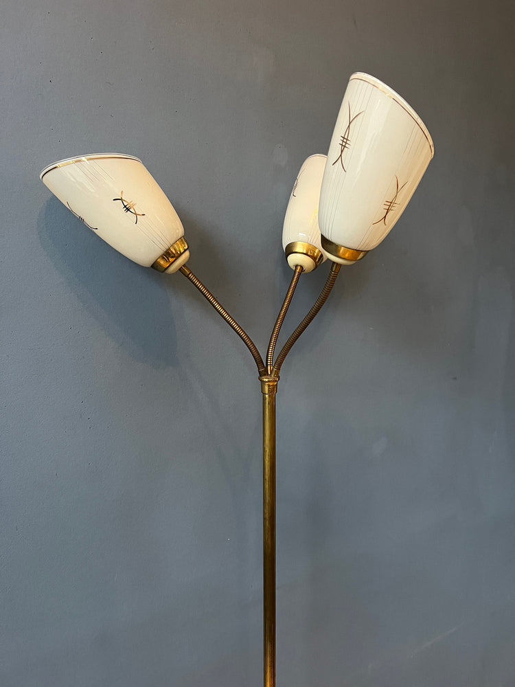 Mid Century 50s Three Arm Brass Floor Lamp with Glass Cones