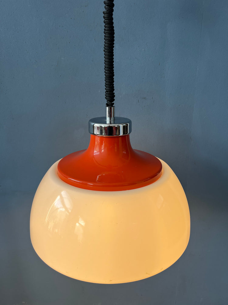 Mid Century White Plexiglass Massive Space Age Pendant Lamp with Red Top Cap