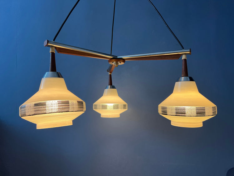 Danish Cascade Pendant Lamp with Three Opaline Glass Shades and Teak Wood Elements