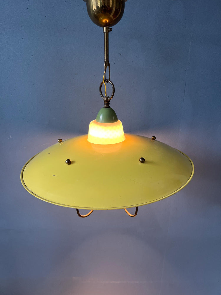 Yellow Vintage 50s Mid Century Opaline Glass and Brass Lantern Pendant Lamp