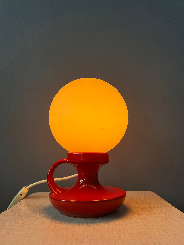 Red Mid Century West Germany Ceramic Table Lamp with White Opaline Glass Shade