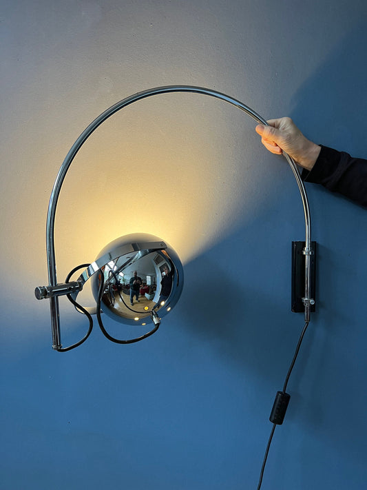 Mid Century Chrome Herda Eyeball Wall Light | Space Age Arc Lamp | 70s Light Fixture