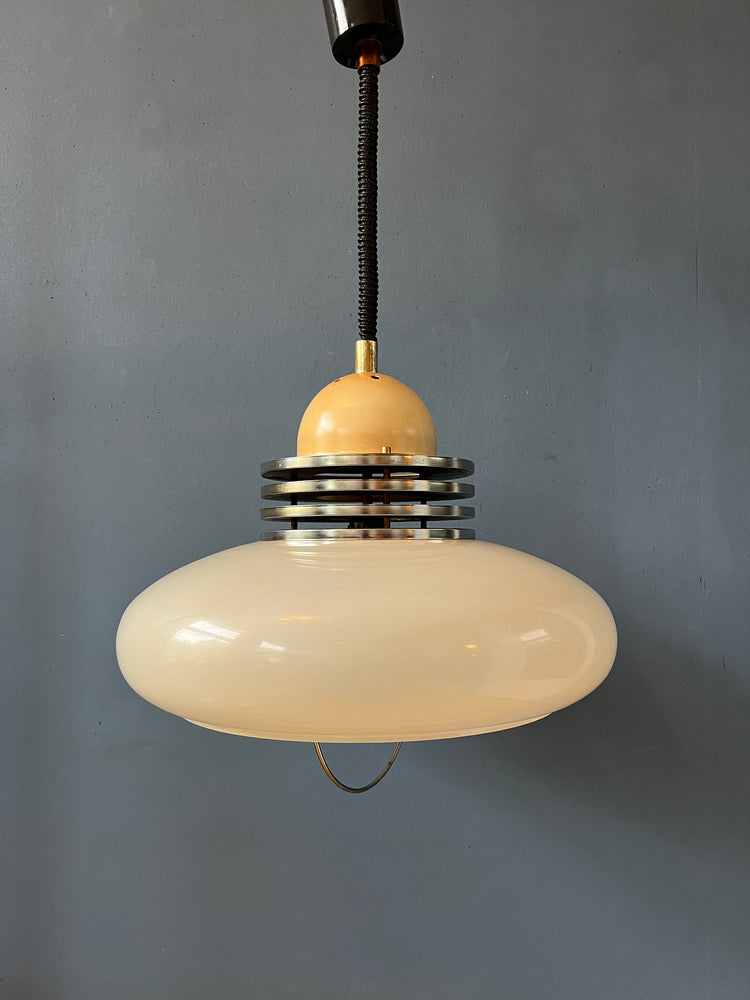White Space Age Pendant Lamp with Plexiglass Shade and Chrome Top Cap