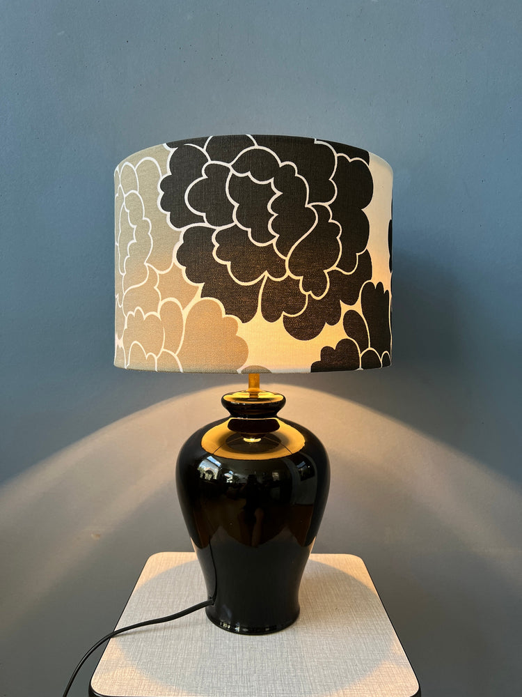 Small Space Age Table Lamp with Porcelain Base and Black and White Flower Shade