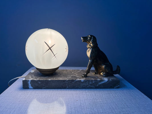 Art Deco Table Lamp with Opaline Glass Moon Shade and Dog Figure