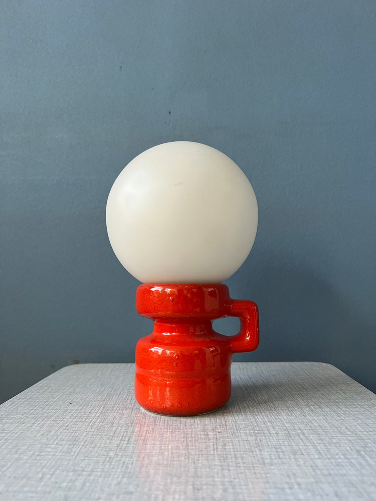 Red Mid Century West Germany Ceramic Table Lamp with White Opaline Glass Shade