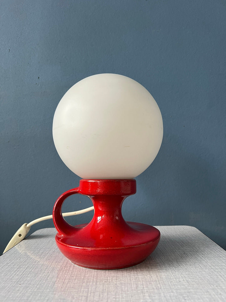 Red Mid Century West Germany Ceramic Table Lamp with White Opaline Glass Shade