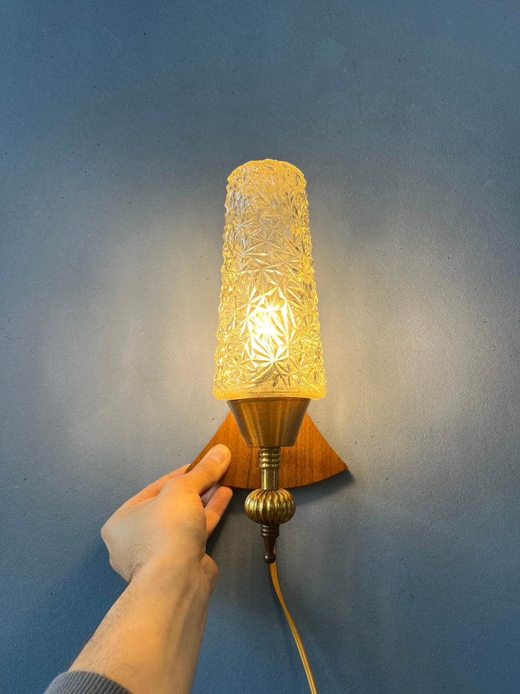 Vintage Teak Wood Clear Glass Wall Sconce Lamp