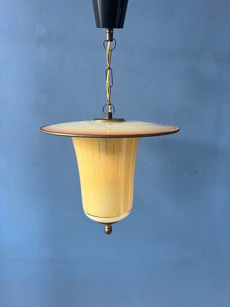 Vintage 50s Glass and Brass Lantern Pendant Lamp