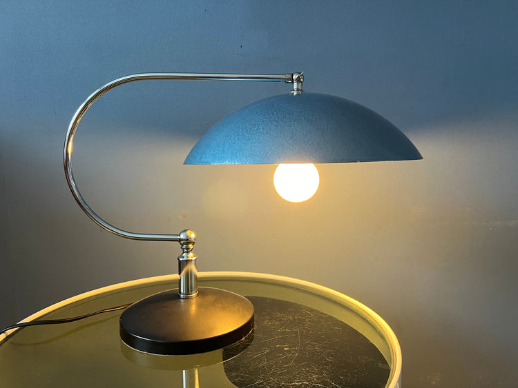 Metal Mid Century Bauhaus Style Desk Lamp with Blue Shade