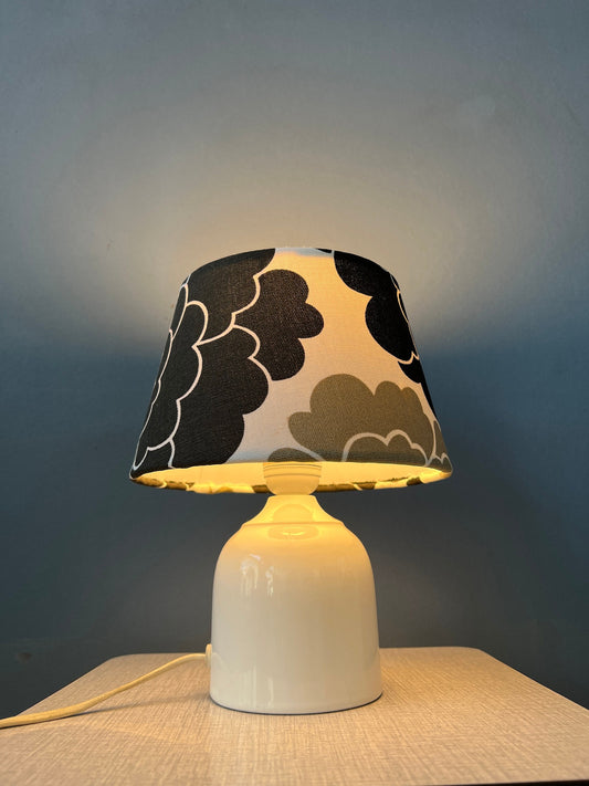 Small Space Age Table Lamp with Porcelain Base and Black and White Flower Shade