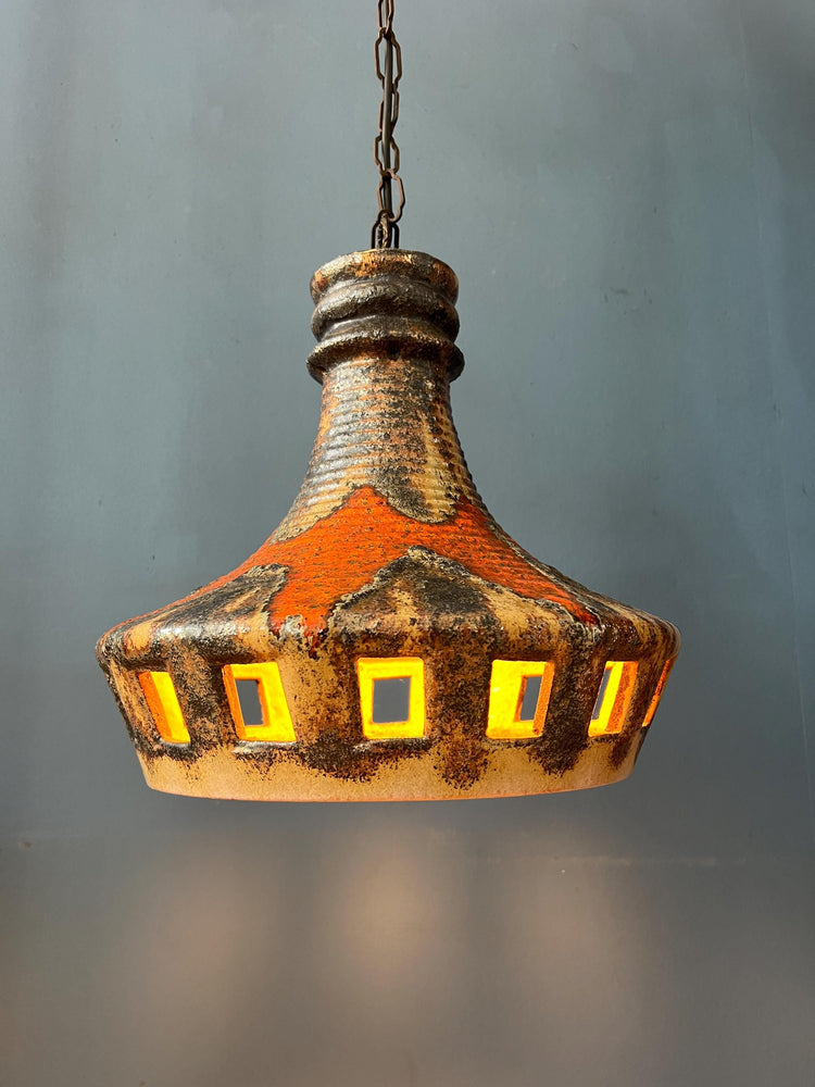 West Germany Ceramic Orange and Brown Pendant Lamp