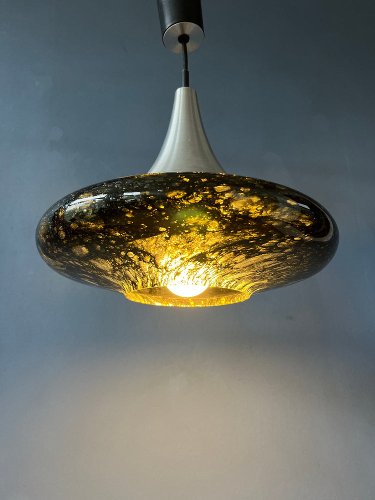 Mid Century Doria Leuchten Black Glass Pendant Lamp - Space Age Hanging Lamp - 70s Glass Light Fixture