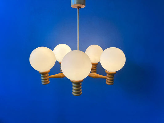 Mid Century Opaline Glass Chandelier with Wooden Frame