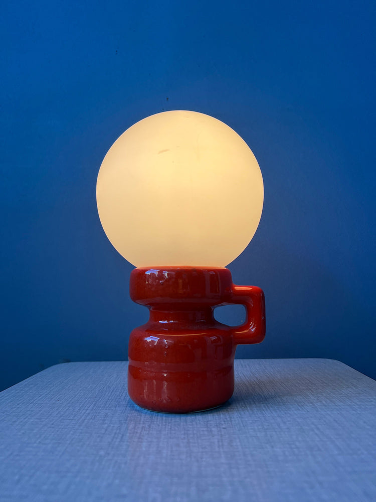 Red Mid Century West Germany Ceramic Table Lamp with White Opaline Glass Shade