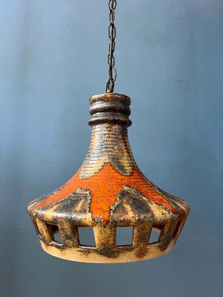 West Germany Ceramic Orange and Brown Pendant Lamp