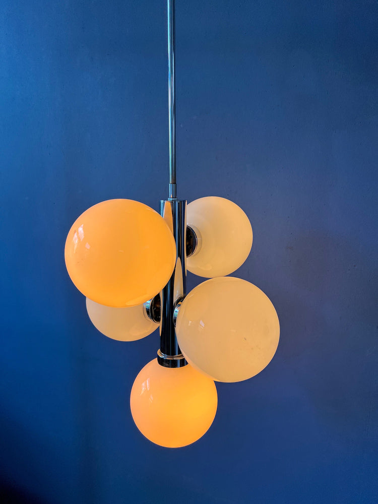 70s Sputnik Chandelier - Chrome Space Age Pendant Lamp - Opaline Glass Light Fixture