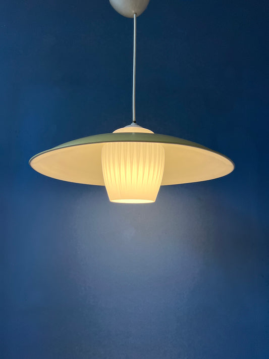 Mid Century Danish Pendant Lamp with Yellow Metal Cover and Opaline Glass Shade