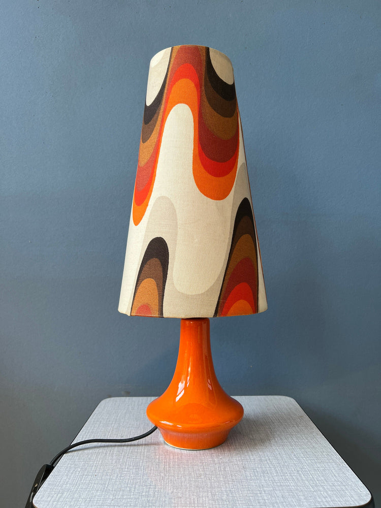 Orange Space Age Table Lamp - Flower Pattern Shade - Ceramic Red Base - Mid Century Lamp