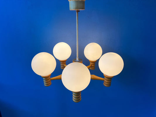 Mid Century Opaline Glass Chandelier with Wooden Frame