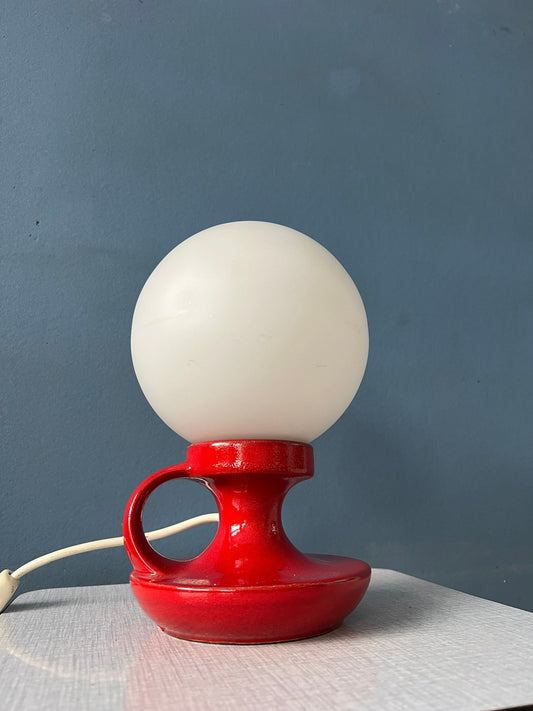 Red Mid Century West Germany Ceramic Table Lamp with White Opaline Glass Shade