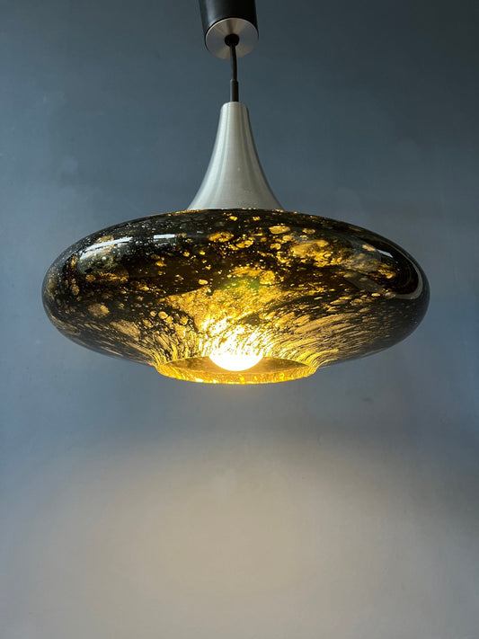 Mid Century Doria Leuchten Black Glass Pendant Lamp - Space Age Hanging Lamp - 70s Glass Light Fixture