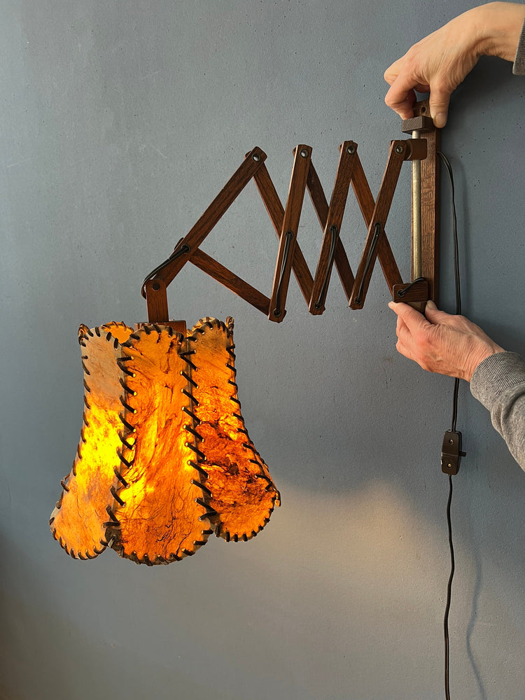 Teak Wood Scissor Wall Lamp with Warm-Toned Shade