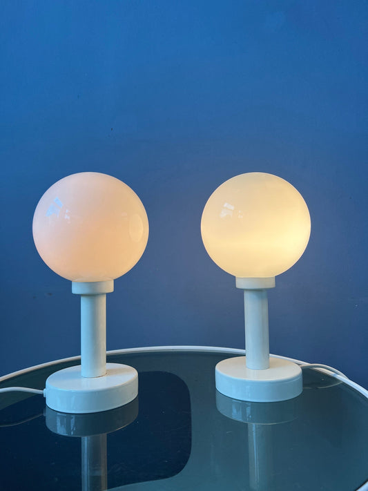 Set (2) of White Space Age Opaline Glass Table Lamps