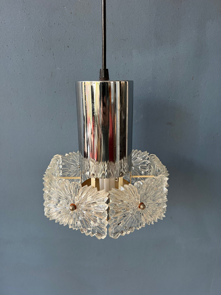 Mid Century Crystal Glass Hanging Lamp with Chrome Frame