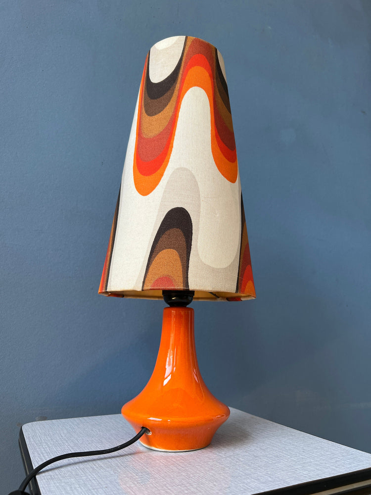 Orange Space Age Table Lamp - Flower Pattern Shade - Ceramic Red Base - Mid Century Lamp