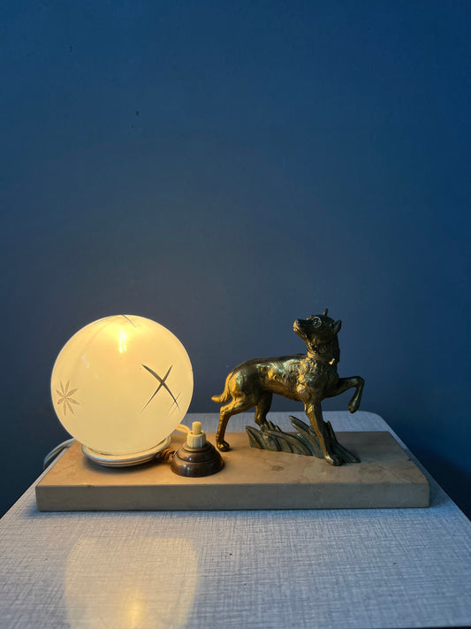 Art Deco Table Lamp with Opaline Glass Shade and Wolf Figure