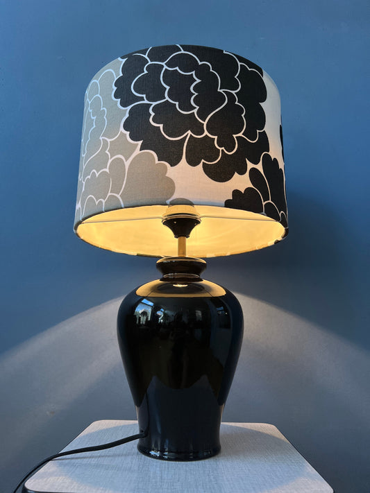 Small Space Age Table Lamp with Porcelain Base and Black and White Flower Shade