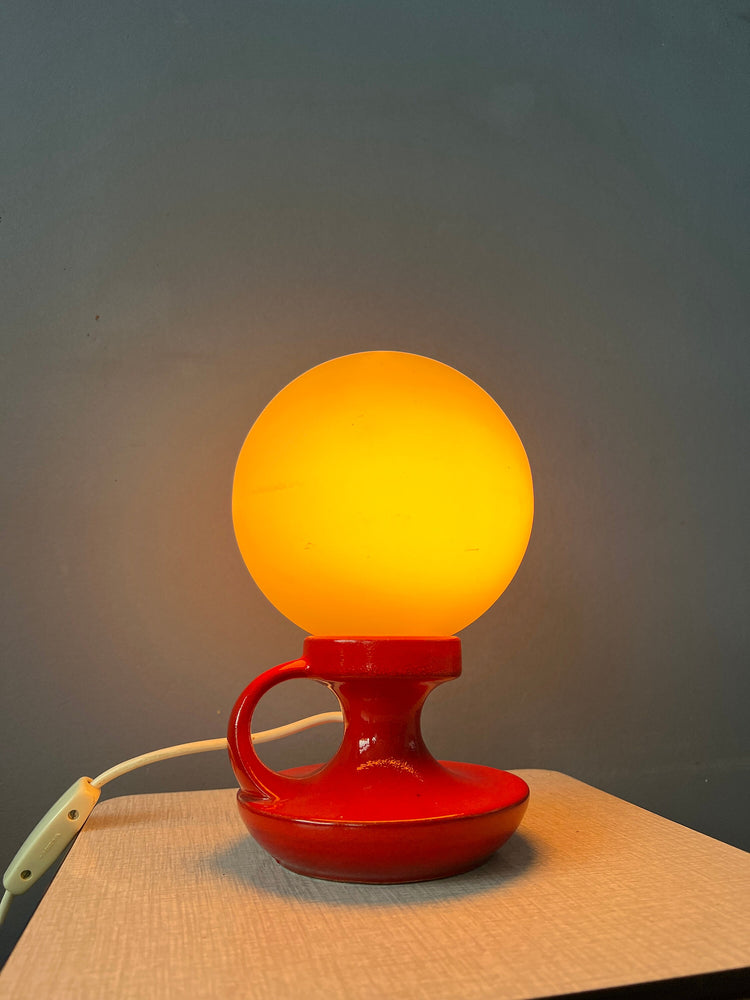 Red Mid Century West Germany Ceramic Table Lamp with White Opaline Glass Shade