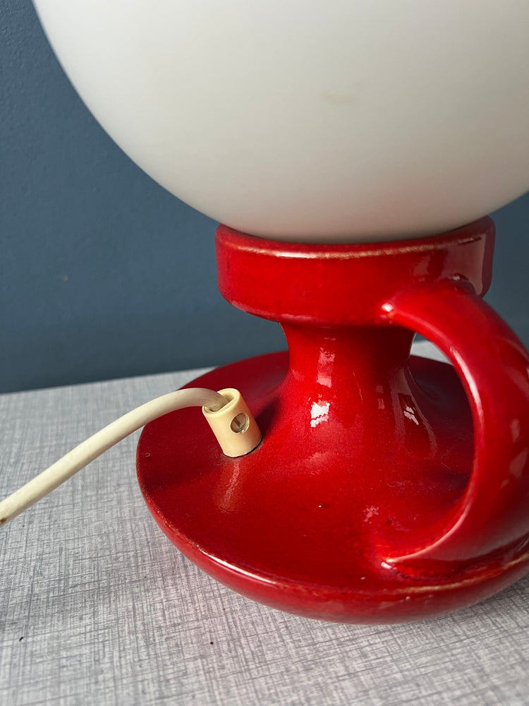 Red Mid Century West Germany Ceramic Table Lamp with White Opaline Glass Shade