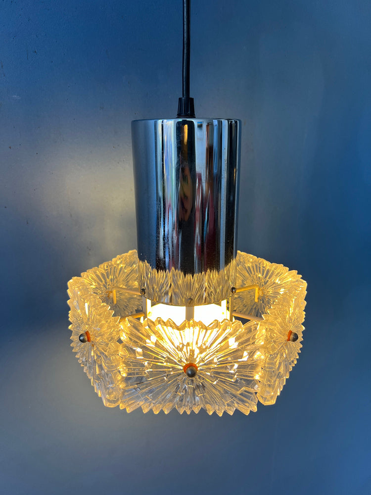 Mid Century Crystal Glass Hanging Lamp with Chrome Frame