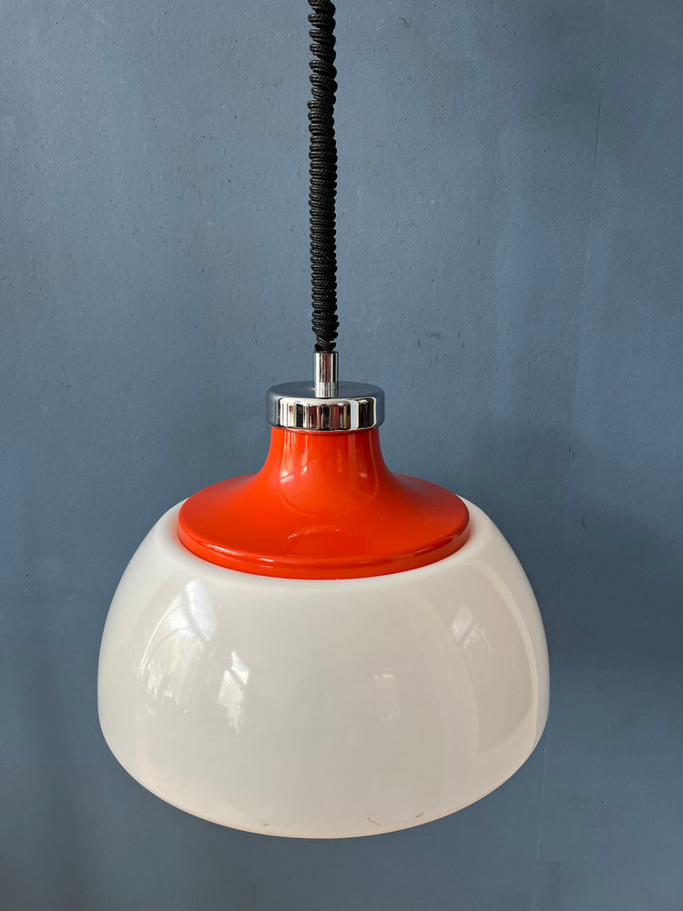 Mid Century White Plexiglass Massive Space Age Pendant Lamp with Red Top Cap