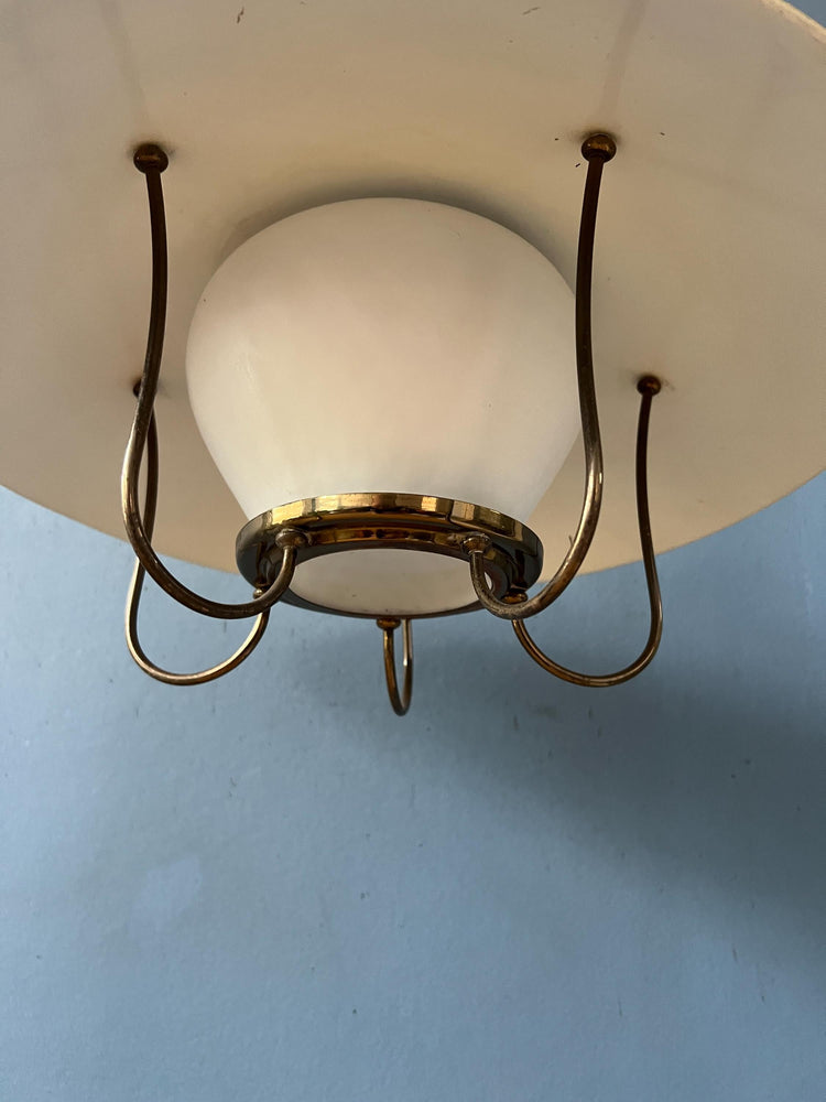 Yellow Vintage 50s Mid Century Opaline Glass and Brass Lantern Pendant Lamp