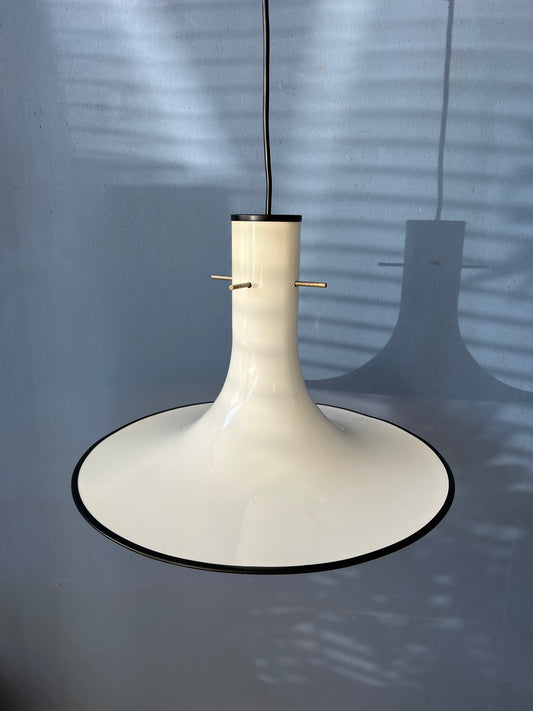 Metal Mid Century White Space Age Witch Hat Pendant Lamp with Black Decorative Elements