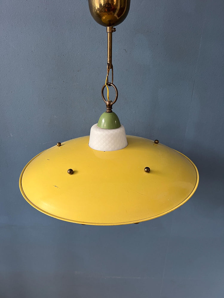 Yellow Vintage 50s Mid Century Opaline Glass and Brass Lantern Pendant Lamp