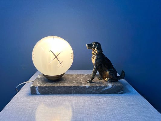 Art Deco Table Lamp with Opaline Glass Moon Shade and Dog Figure