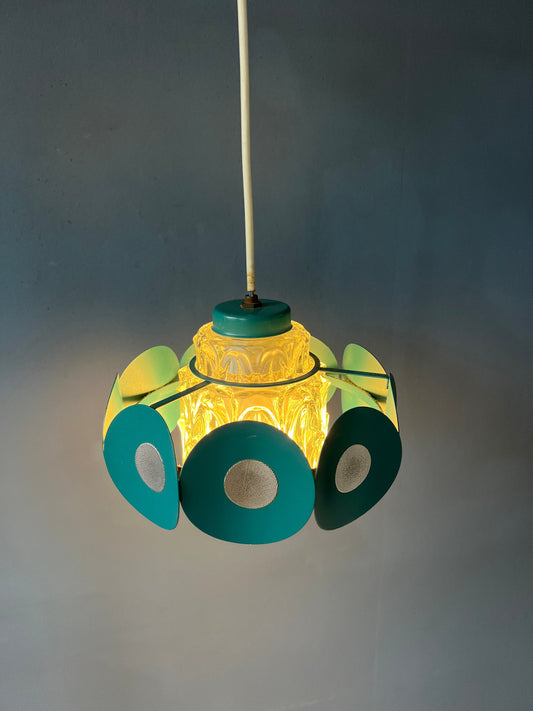 Space Age Pendant Lamp with Glass Shade and Green/Blue Metal Frame